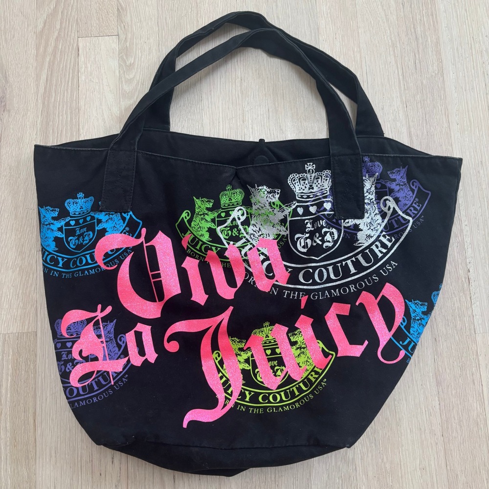 Juicy Couture Tote Bag Women Large Black Neon Pink Glitter Logo Excellent Magnet